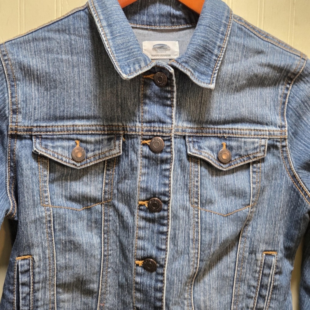 Old Navy Jacket Youth Large 10-12 Blue Denim Jean Button Front Stretch Trucker